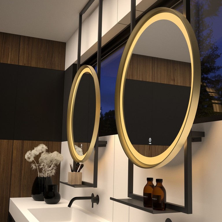  PILOCOS Espejo redondo con marco dorado para baño